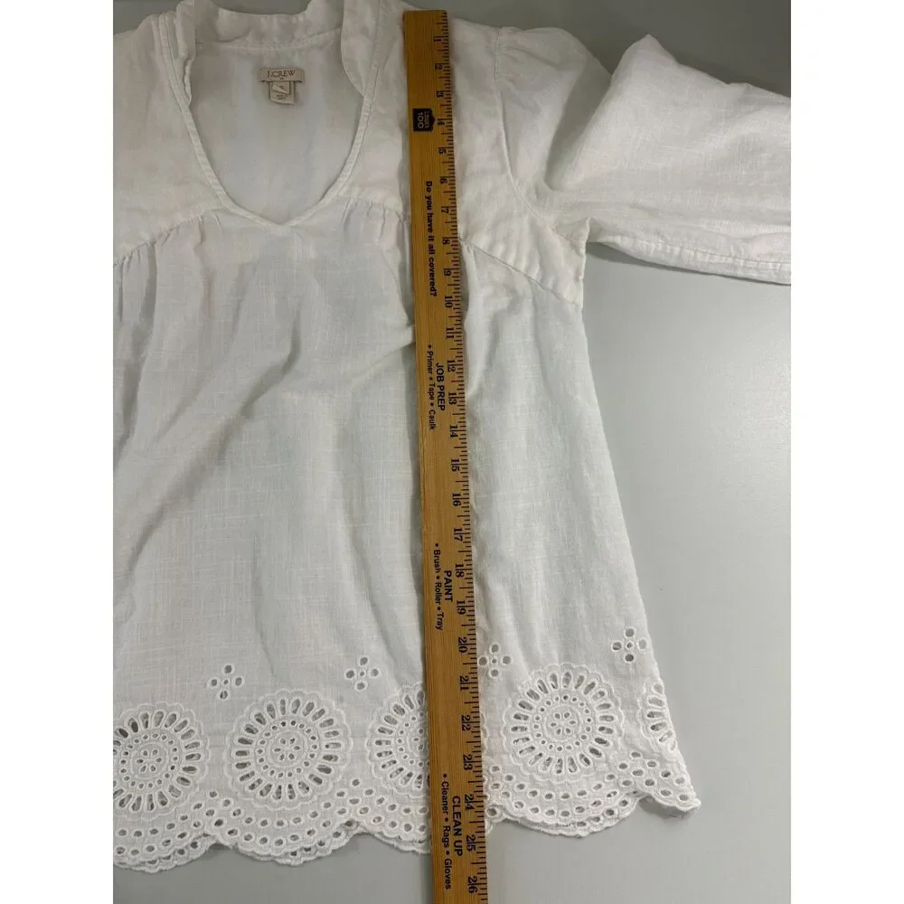 J.Crew Womens Small White Linen Cotton Eyelet Embroidered Peasant Tunic Blouse
